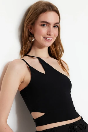 Trendyol Black One-Shoulder Cut Out Detailed Fitted/Slipped Crop Stretch Knitted Blouse