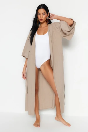 Trendyol Beige Belted Maxi Woven Linen Look Kimono & Kaftan