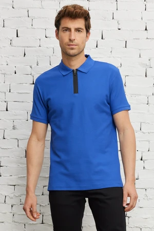 ALTINYILDIZ CLASSICS Men's Saxon Blue Slim Fit Slim Fit Polo Neck 100% Cotton Honeycomb Pattern Short Sleeved T-Shirt.