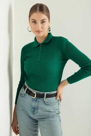 Lafaba Women's Emerald Green Polo Neck Ribbed Knitwear Sweater