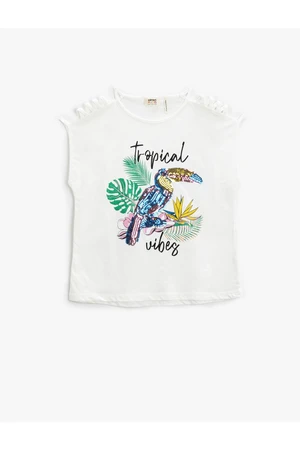 Koton Parrot Embroidered Sequins Sequined T-Shirt Window Detail Sleeveless.