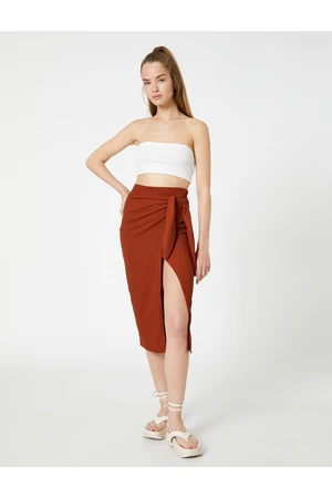 Koton Slit Midi Skirt with Tie Waist Biscuits