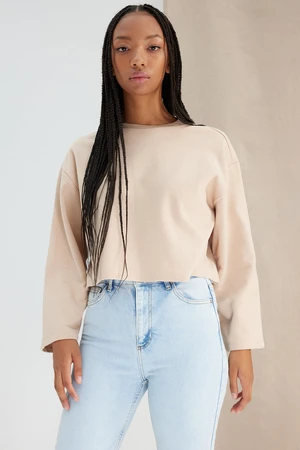 Trendyol Beige More Sustainable Thick Fleece Inside Comfortable Cut Crop Crew Neck Knitted Sweatshirt