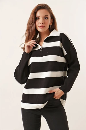 By Saygı Striped Zipper Acrylic Sweater Black