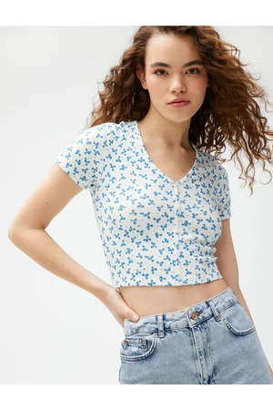 Koton Crop T-Shirt Printed Short Sleeve V-Neck Cotton