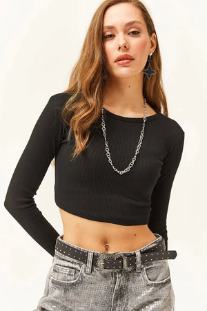 Olalook Women's Black Crew Neck Ribbed Crop Blouse