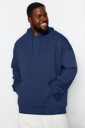 Trendyol Navy Blue Men's Plus Size Oversize Comfortable Basic Hoodie. Soft Pillow Cotton Sweatshirt.