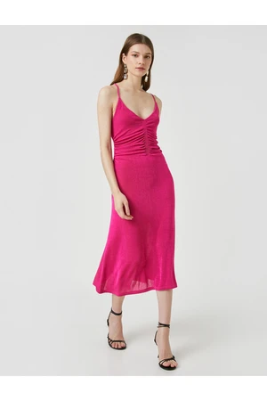 Koton Strapless Dress Shirring Detail V-Neck