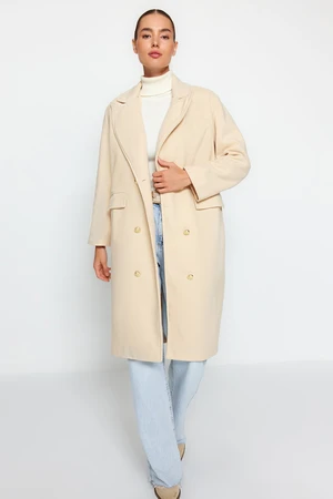 Trendyol Ecru Oversize Wide Cut Gold Button Detailed Long Stamped Coat