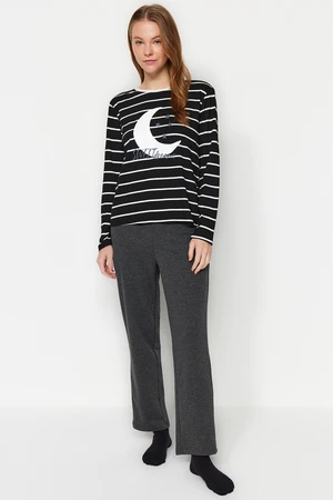 Trendyol Black-Anthracite Striped Printed Tshirt-Pants Knitted Pajamas Set