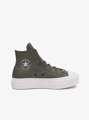 Kaki dámske kožené členkové tenisky na platforme Converse Chuck Taylor All Star Lift