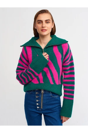 Dilvin 10282 Truck Collar Zippered Sweater-emerald-f.