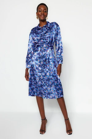 Trendyol Blue Belted Floral Pattern Satin Midi Woven Woven Dress