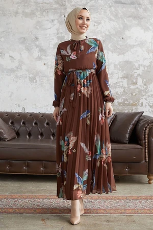 InStyle Ares Feather Pattern Chiffon Dress - Bitter Brown