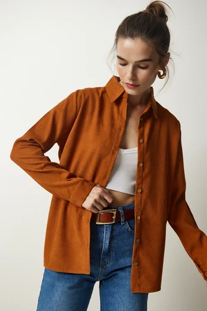 Happiness İstanbul Women's Tan Corduroy Velvet Woven Jacket Shirt