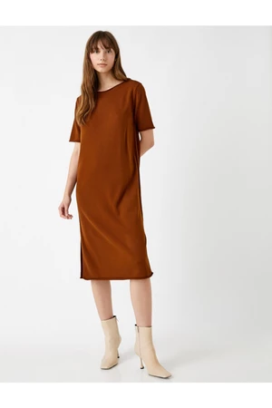 Koton Basic Midi Dress with Short Sleeves and Slit Detailed.