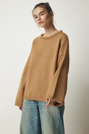 Happiness İstanbul Women's Biscuit Oversize Basic Knitwear Sweater