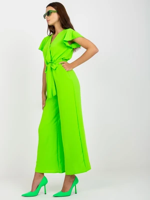 RUE PARIS fluo green jumpsuit with wide legs and short sleeves