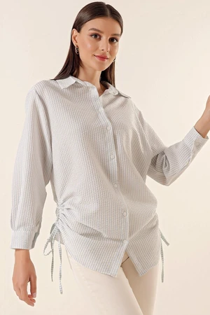 By Saygı Longitudinal Stripe with Drawstrings at the side seersucker Tunic Shirt Baby Blue