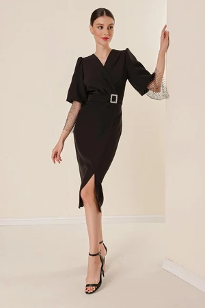 By Saygı Double-breasted Collar Waist With Buckles, Fishnet Beads Detailed Balloon Sleeves Wide Body Range Dress Black.