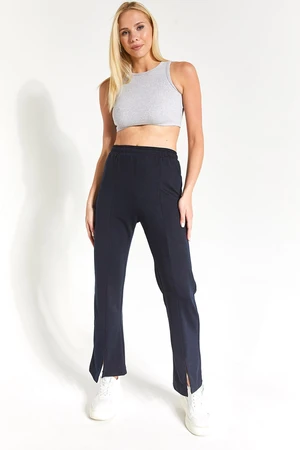 armonika Women's Navy Blue Loose Trousers with Stitching at the Front and Slits at the Legs.