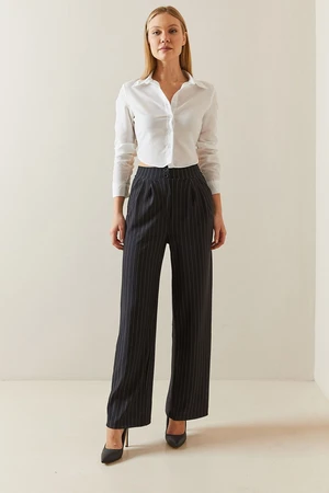 XHAN Black Striped Dart Detailed Palazzo Trousers