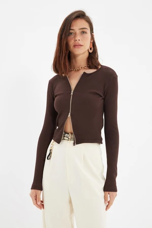 Trendyol Brown Zippered Fitted/Simple Crop Ribbed Stretch Knit Blouse