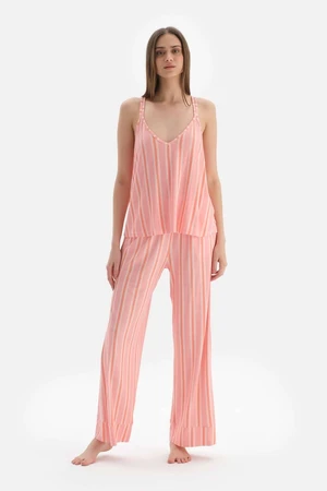 Dagi Salmon Strap Striped Knitted Pajamas Set