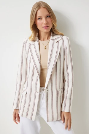 Happiness İstanbul Women's Brown Bone Striped Padded Linen Blend Blazer Jacket