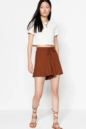 Trendyol Brown Relaxed Fit Regular Waist Wrap/Textured Knitted Shorts