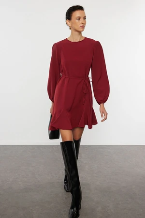 Trendyol Burgundy Belted Plain Mini Woven Dress