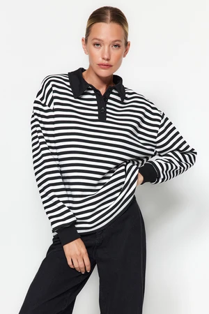 Trendyol Black Striped Polo Neck Thick Fleece Oversize Knitted Sweatshirt