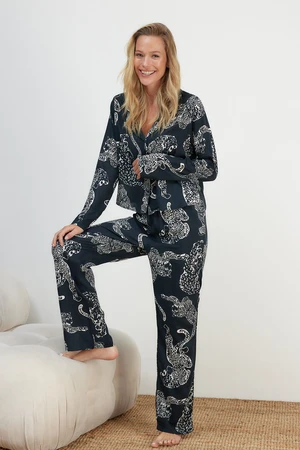 Trendyol Anthracite Animal Patterned Viscose Shirt-Pants Woven Pajama Set