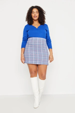 Trendyol Curve Blue Plaid Tweed Mini Woven Plus Size Skirt