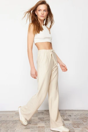 Trendyol Beige Thick Striped Straight/Straight Cut Stretch Trousers