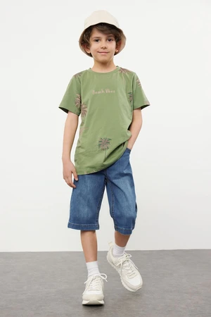 Trendyol Khaki Boy Palm Tree Patterned Cotton T-shirt-Jean Trousers Set Bottom-Top Set