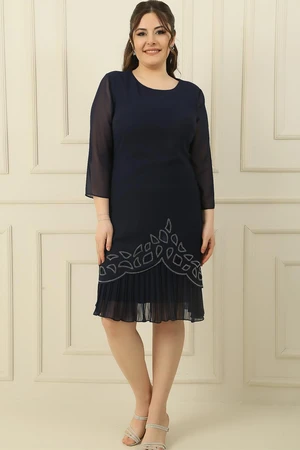 By Saygı Plus Size Crepe Dress with Chiffon Pleated Stone Detail on Sleeves and Hem