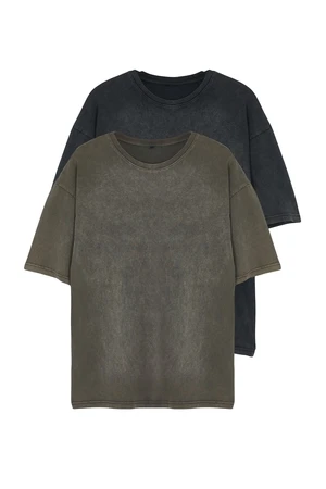 Trendyol Black-Brown Aged/Faded Effect 2-Pack Basic T-shirt