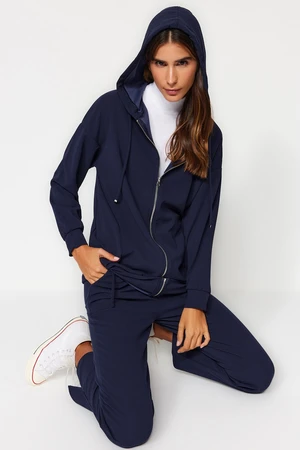 Trendyol Navy Blue Oversize Zippered Hooded Cardigan Knitted Tracksuit