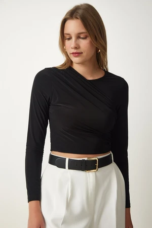 Happiness İstanbul Women's Black Gathered Detailed Crop Sandy Blouse