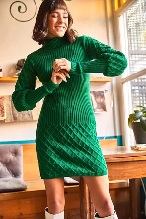 Olalook Women's Grass Green Sleeve and Skirt Textured Knitwear Dress