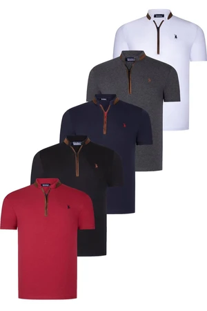 QUINTUPLE SET T8571 DEWBERRY ZIPPER MEN'S T-SHIRT-BLACK-WHITE-NAVY BLUE-ANTHRACITE-BURGUNDY