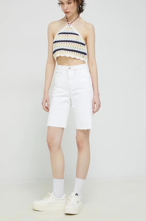 Rifľové krátke nohavice Tommy Jeans dámske, biela farba, jednofarebné, vysoký pás