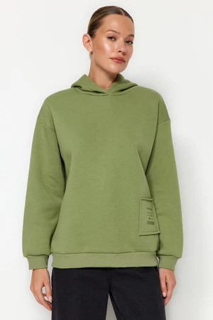 Trendyol Mint Thick Fleece Printed Relaxed/Comfortable Fit Hooded Knitted Sweatshirt