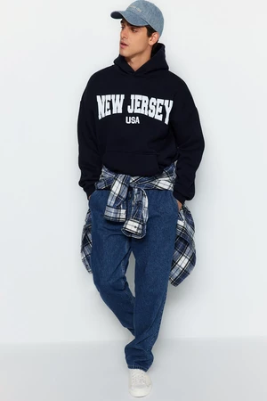 Trendyol Navy Blue Oversize/Wide Cut City Printed Cotton Fleece Sweatshirt