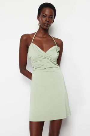 Trendyol Light Green A-Cut Floral Detailed Knitted Short Elegant Evening Dress