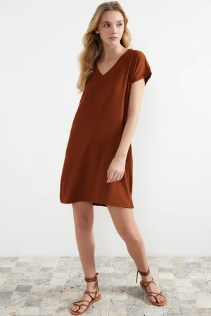 Trendyol Tile Wrap/Textured V-Neck Shift/Plain Knitted Mini Dress