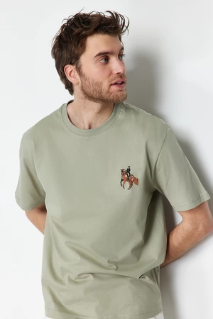Trendyol Mint Relaxed/Relaxed Cut Horse/Animal Embroidered Short Sleeve 100% Cotton T-Shirt
