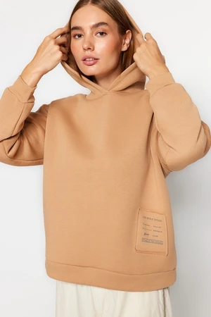 Trendyol Beige Loose Hooded Printed and Raised Knitted Sweatshirt