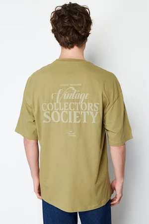 Trendyol Khaki Oversize/Wide Cut Raised Text Printed 100% Cotton T-Shirt